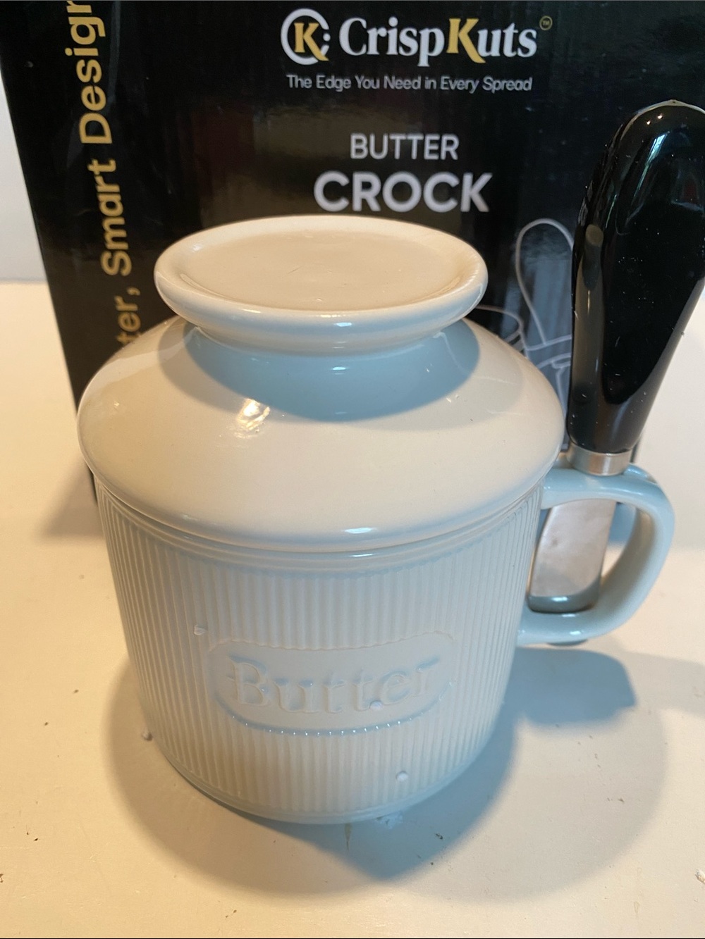 CrispKuts White Ceramic Butter Crock with Spreader